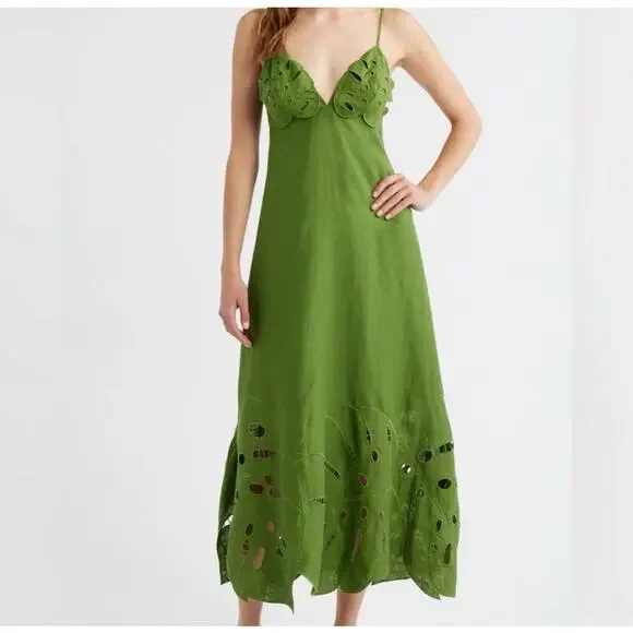 Farm Rio Green Monstera Embroidered Linen Midi Dress - Picture 1 of 8